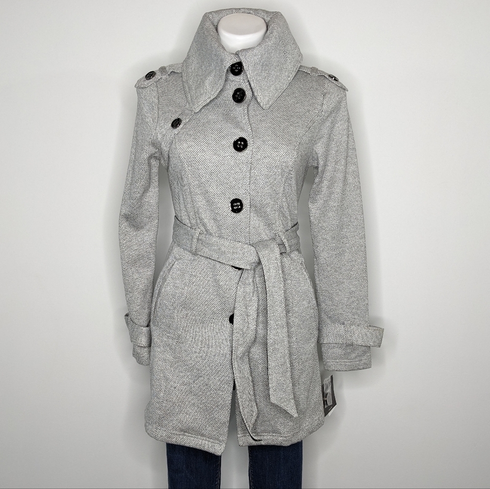 NWT IZ Byer black white high collar button up tie waist winter jacket S